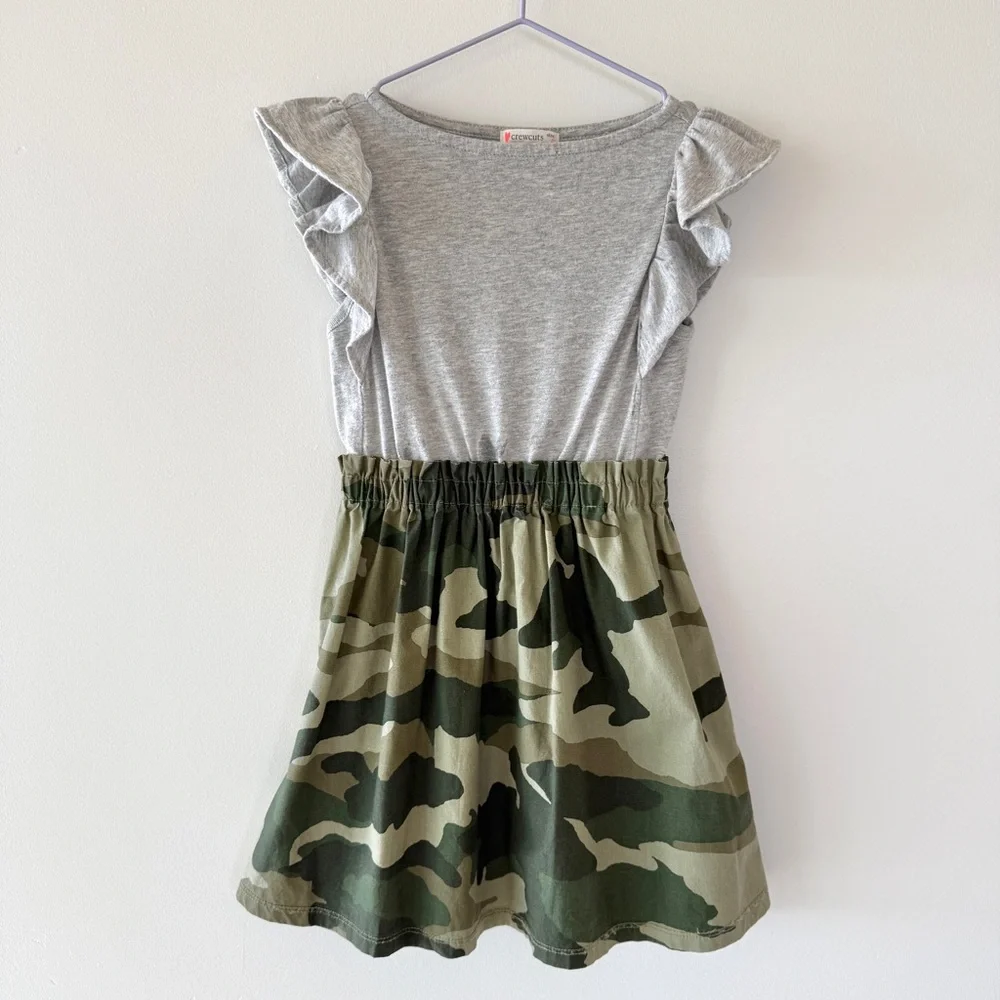 J.Crew Crewcuts Gray Ruffle Top Green Camo Skirt Dress Girls 4 Mixed Media